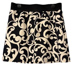 Ann Taylor LOFT Black Cream Scroll Print‎ A Line Mini Skirt Size 10